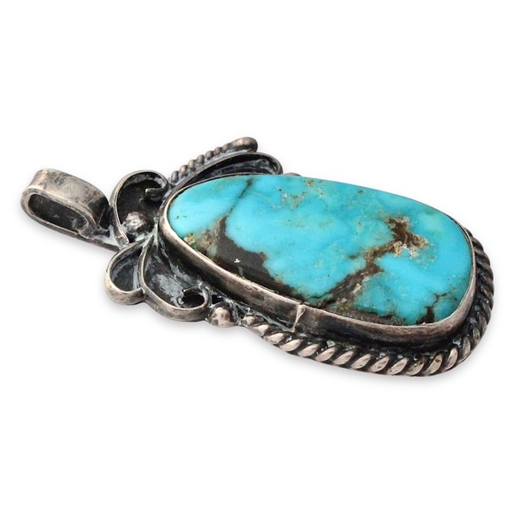 Vintage Navajo Turquoise Sterling Silver Necklace Pendant Large Native American - Picture 4 of 5